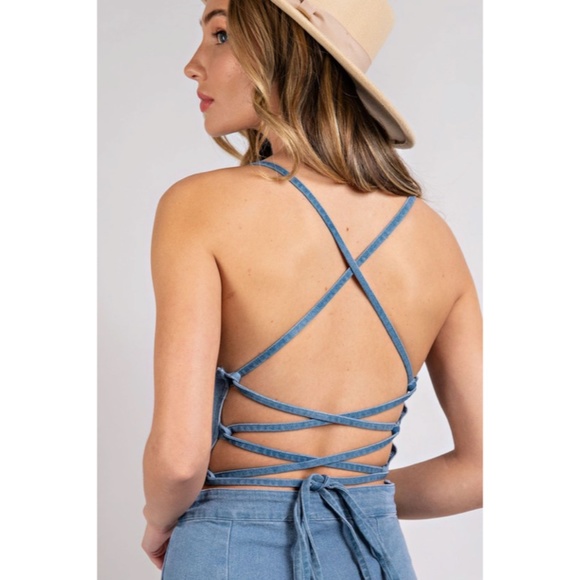SOLD OUT Denim Blue Mineral Washed Solid Open Back Tie Boho Flared Jumpsuit - Picture 6 of 6